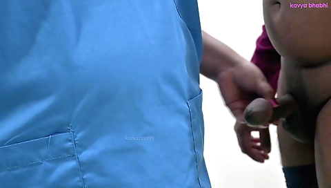 A nurse works with a patient and she gets a handjob on a couch