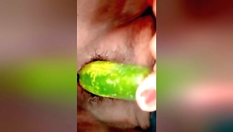 Hot teen with small and thin body got a cucumber toy