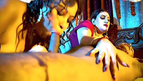 A hot brunette with a sexy body is having a threesome