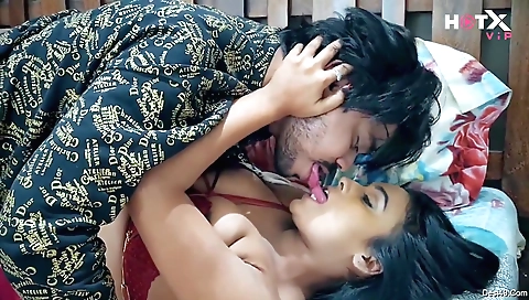 Beautiful big tits brunette babe on the bed in hot porn