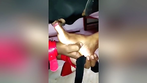 Busty Indian MILF enjoys foot fetish and foot licking