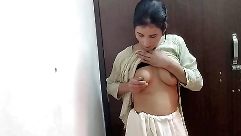 Indian amateur woman 19+ in red lingerie and leather top