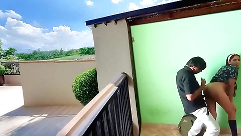 Indian brunette with a nice ass is on a hot terrace