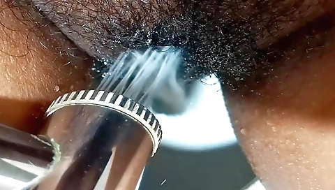 Hairy indian slut in a towel has her pussy fingered