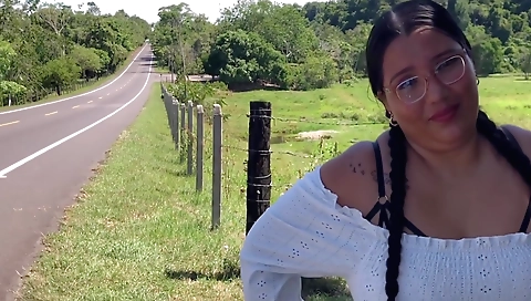 Brunette gets on public road after riding a guy in it